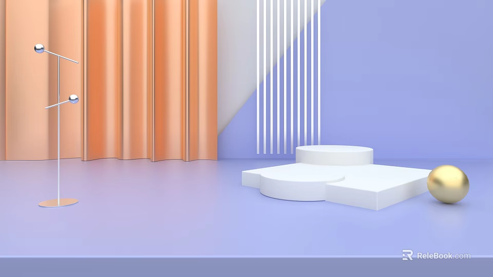 Modern Display Space With Orange Curtains Purple Background And White Platforms 3d model