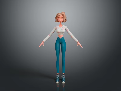 3D Female Character in White Patterned Top Blue Pants and Sneakers Standing with Arms Outstretched 3d model