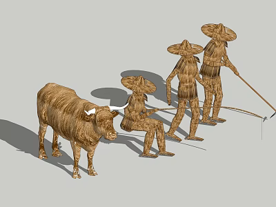 Traditional Rural Agricultural Equipment Scene With Scarecrows Cow And Farmers 3d model