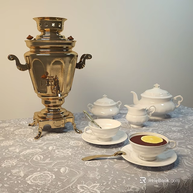 Traditional Tea Tableware Set With Silver Samovar White Porcelain Teapot Cups And Lemon 3d model 