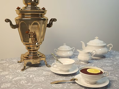 Traditional Tea Tableware Set With Silver Samovar White Porcelain Teapot Cups And Lemon 3d model