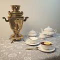 Traditional Tea Tableware Set With Silver Samovar White Porcelain Teapot Cups And Lemon