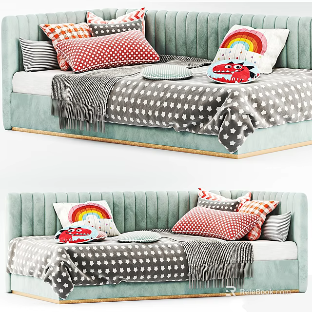 Soft Kids Bed With Green Velvet Upholstered Headboard Polka Dot Blanket And Rainbow Pillows 3d model 