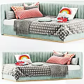 Soft Kids Bed With Green Velvet Upholstered Headboard Polka Dot Blanket And Rainbow Pillows