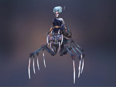 Blue Haired Fantasy Character Riding Spider Like Creature With White Face Paint Spiked Legs 3d model