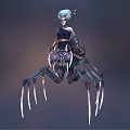 Blue Haired Fantasy Character Riding Spider Like Creature With White Face Paint Spiked Legs