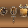 Three Decorative Mirrors with Radiant Bow and Cross Frames Reflecting Grid Patterns on Brown Background 3d model