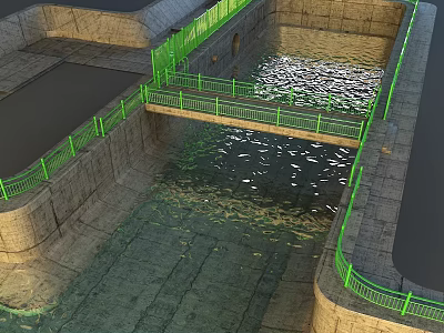 Concrete Water Reservoir Structure With Green Metal Railings And Reflective Water Surface 3d model