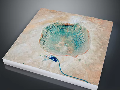 Detailed Crater Terrain Image With Blue Green Center Brown Surroundings And Blue Structure 3d model
