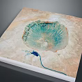 Detailed Crater Terrain Image With Blue Green Center Brown Surroundings And Blue Structure
