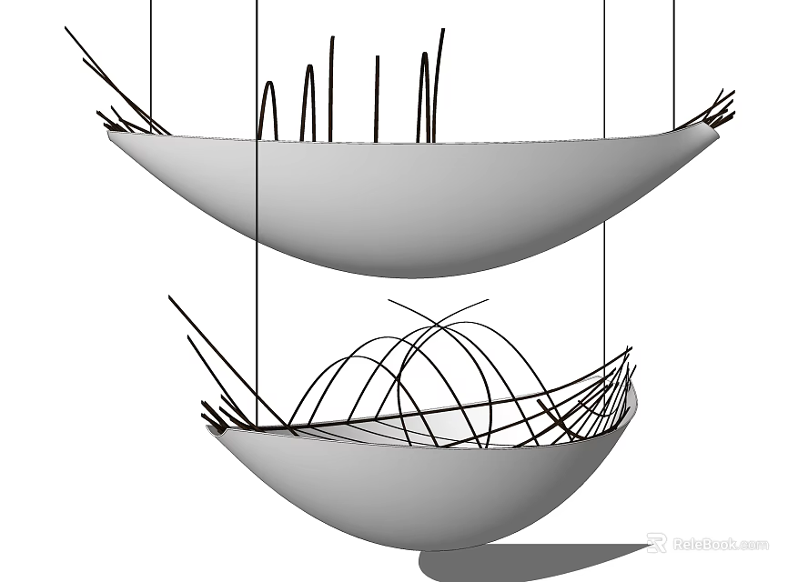 Two Modern Bowl Shaped Chandeliers With Intricate Wire Structures Hanging 3d model 