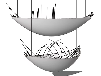 Two Modern Bowl Shaped Chandeliers With Intricate Wire Structures Hanging 3d model