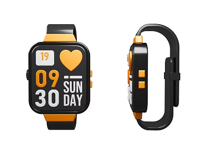 Black Orange Smartwatch Digital Display Heart Icon Date Day Dual View Strap Design 3d model