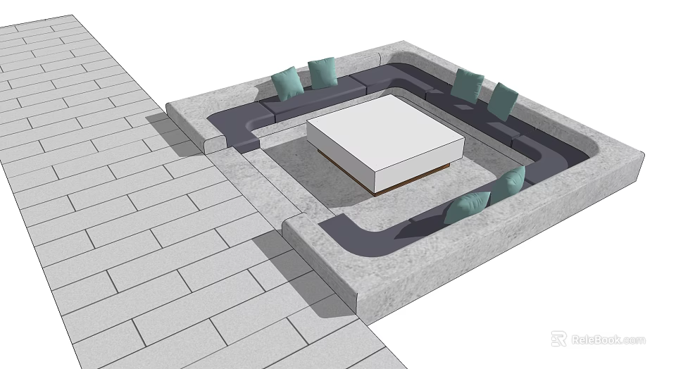 Outdoor Landscape Seating With Square Design Green Cushions White Table And Stone Pavement 3d model 