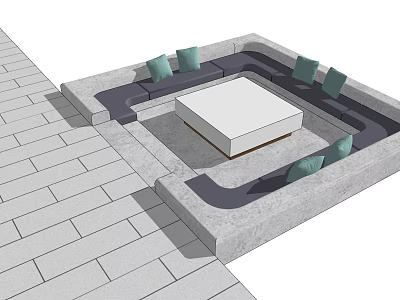 Outdoor Landscape Seating With Square Design Green Cushions White Table And Stone Pavement 3d model