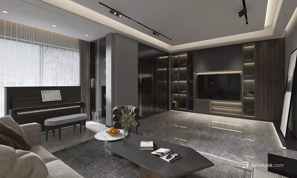 Modern Living And Dining Room Interior With Sofa Coffee Table TV Wall And Piano 3d model 