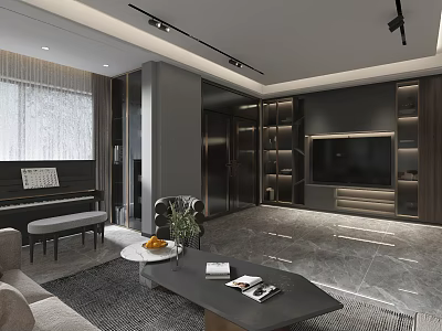 Modern Living And Dining Room Interior With Sofa Coffee Table TV Wall And Piano 3d model