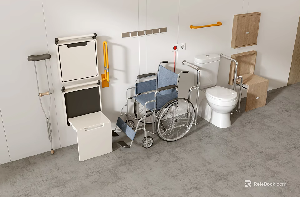 Essential Medical Mobility Aids Including Wheelchair Toilet Grab Bars Crutches Storage Cabinets 3d model 