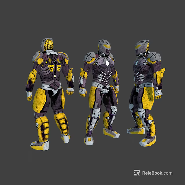 Futuristic Armored Character Design With Yellow Purple Armor And Three Angles 3d model 
