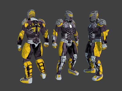 Futuristic Armored Character Design With Yellow Purple Armor And Three Angles 3d model