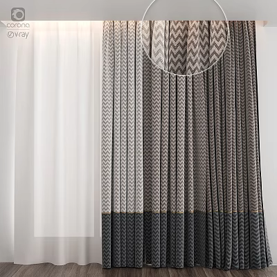 Modern Striped Curtains With Neutral Tones And Layered Textured Fabric Design 3d model