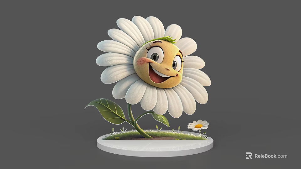 Cartoon Sunflower Game Movie Character With Smiling Face Green Stem And Small Daisy 3d model 