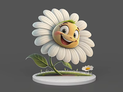 Cartoon Sunflower Game Movie Character With Smiling Face Green Stem And Small Daisy 3d model