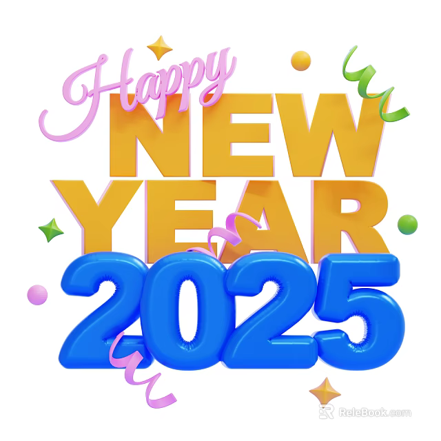 New Year 2025 Decorative Ornament Set with Happy New Year Lettering Colorful Streamers and Confetti 3d model 