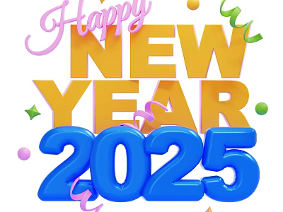 New Year 2025 Decorative Ornament Set with Happy New Year Lettering Colorful Streamers and Confetti 3d model