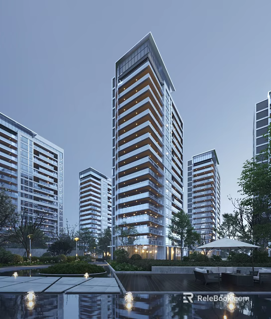 Modern High Rise Buildings With Glass Curtain Walls And Green Trees At Dusk 3d model 