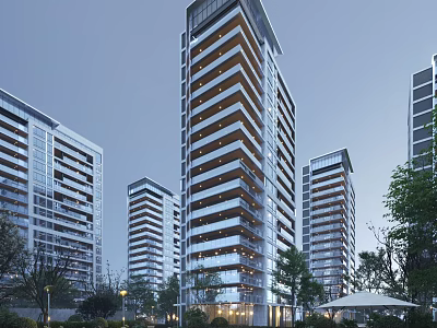 Modern High Rise Buildings With Glass Curtain Walls And Green Trees At Dusk 3d model