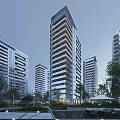 Modern High Rise Buildings With Glass Curtain Walls And Green Trees At Dusk