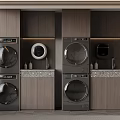 Modern Laundry Room Design With Stacked Washing Machines Dryers And Wooden Cabinets