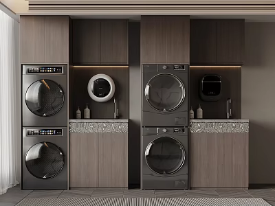 Modern Laundry Room Design With Stacked Washing Machines Dryers And Wooden Cabinets 3d model