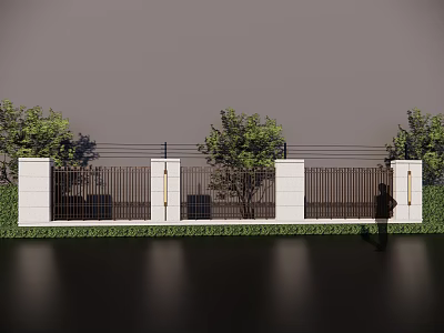 Modern Building Exterior Wall With White Pillars Black Fence Green Plants And Lawn 3d model