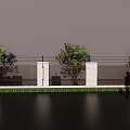 Modern Building Exterior Wall With White Pillars Black Fence Green Plants And Lawn