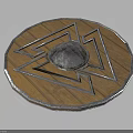 Traditional Wooden Shield With Central Metal Dome Geometric Patterns And Metallic Rim