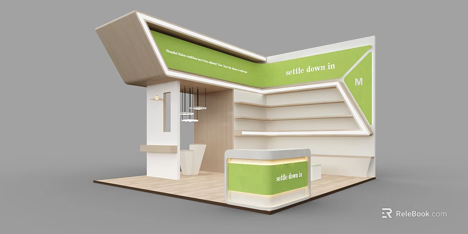 Modern Display Shelves With Green Panels Wooden White Structure And Multiple Layers 3d model