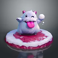 Cute Fluffy Cartoon Character Creature With Pink Tongue Holding White Ball On Red White Base