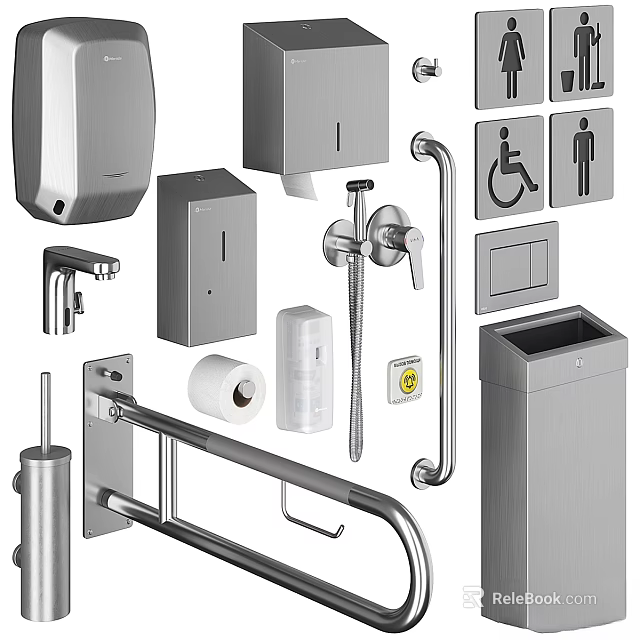 Stainless Steel Washing and Daily Use Essentials With Hand Dryers Tissue Dispensers Faucets And Grab Bars 3d model 