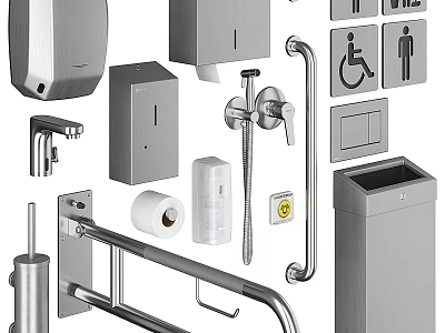 Stainless Steel Washing and Daily Use Essentials With Hand Dryers Tissue Dispensers Faucets And Grab Bars 3d model
