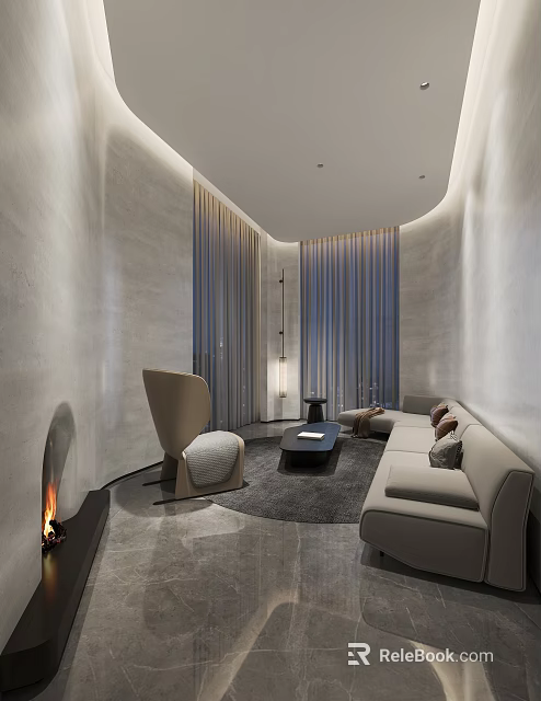 Modern Lounge Interior With Sofa Armchair Coffee Table Fireplace And Curtains 3d model 