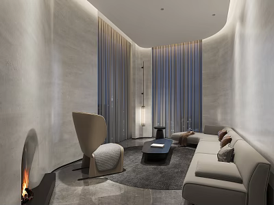 Modern Lounge Interior With Sofa Armchair Coffee Table Fireplace And Curtains 3d model