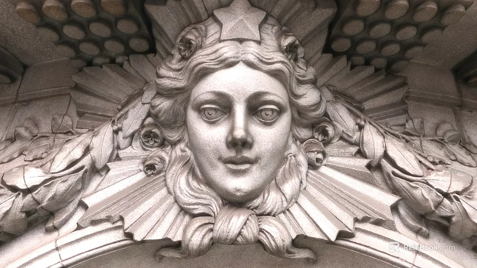 Garden Landscape Featuring Detailed Stone Carving Of Female Face With Leaf And Star Decorations 3d model 