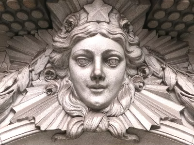 Garden Landscape Featuring Detailed Stone Carving Of Female Face With Leaf And Star Decorations 3d model