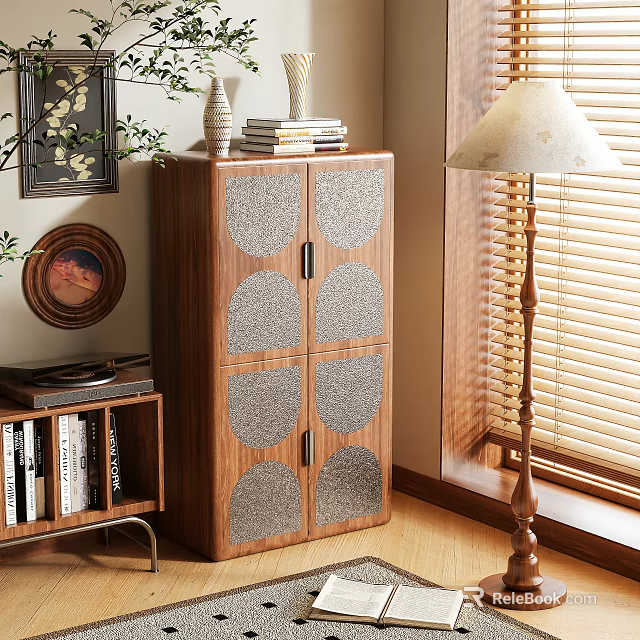 Wooden Entryway Console Cabinet With Decorative Patterned Doors And Ornaments Near Window 3d model 