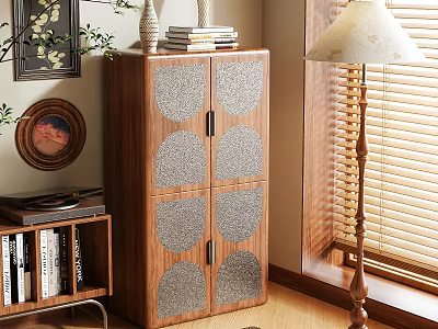 Wooden Entryway Console Cabinet With Decorative Patterned Doors And Ornaments Near Window 3d model