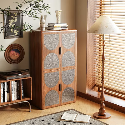 Wooden Entryway Console Cabinet With Decorative Patterned Doors And Ornaments Near Window 3d model