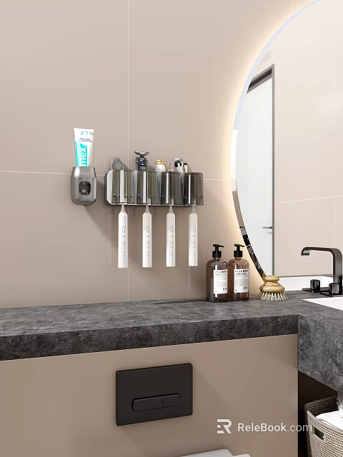 Wall Mounted Bathroom Cabinet Rack With Toothbrush Holder Near Sink Counter And Mirror 3d model 