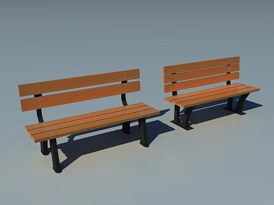 Two Wooden Outdoor Benches With Black Metal Frames For Garden Seating 3d model